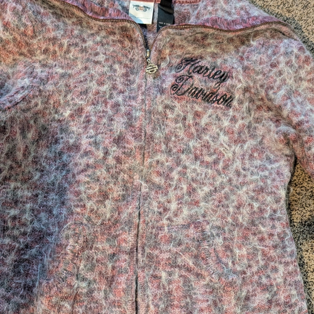Harley-Davidson Pink & Gray Fuzzy Alpaca Wool Zip-Up Sweater